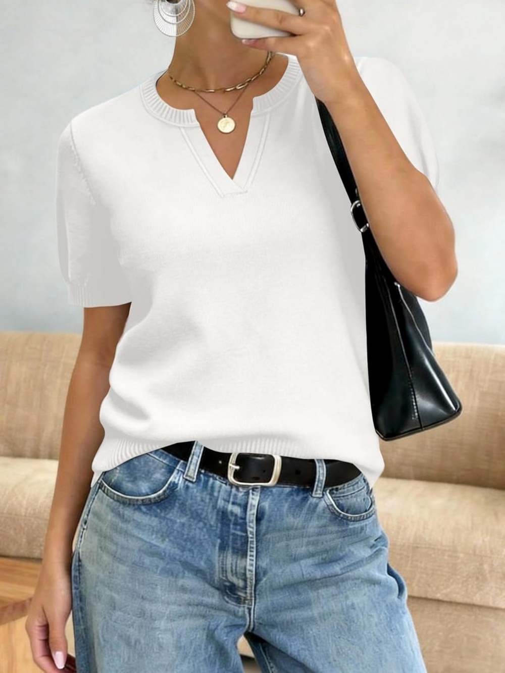 Classic White V-Neck Short Sleeve Top